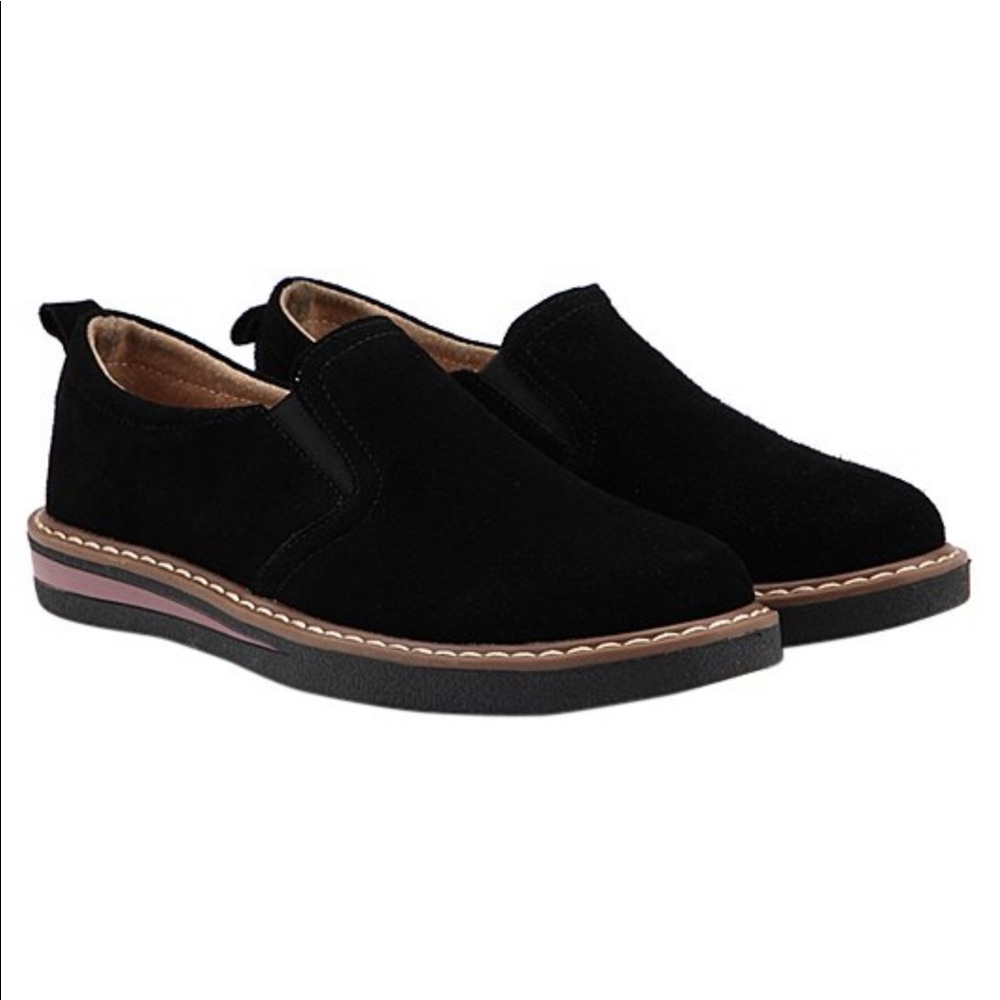 Black suede leather slip on loafer.